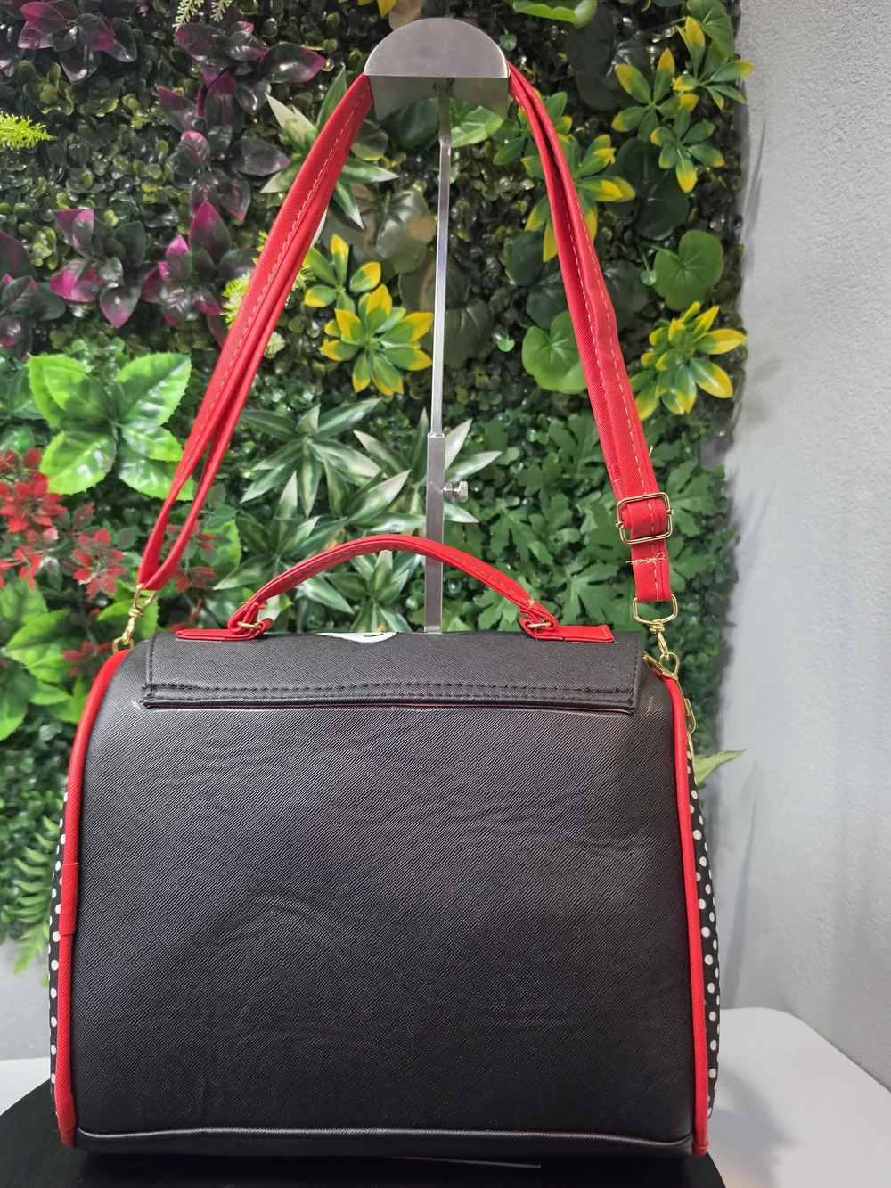 Black and Red Women's Satchel with Graphic Face Detail